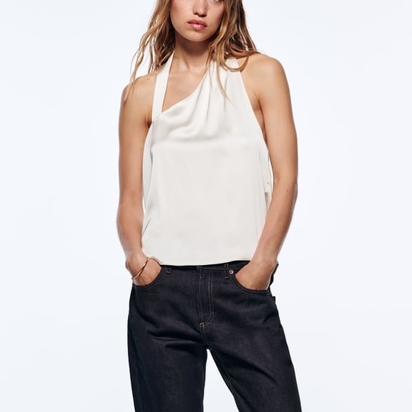 Zara NWT Asymmetrical satin white halter top with draped open back detail - Picture 2 of 9